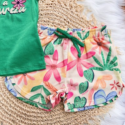 Conj. Blusa Curta a Natureza e Short Floral - Verde